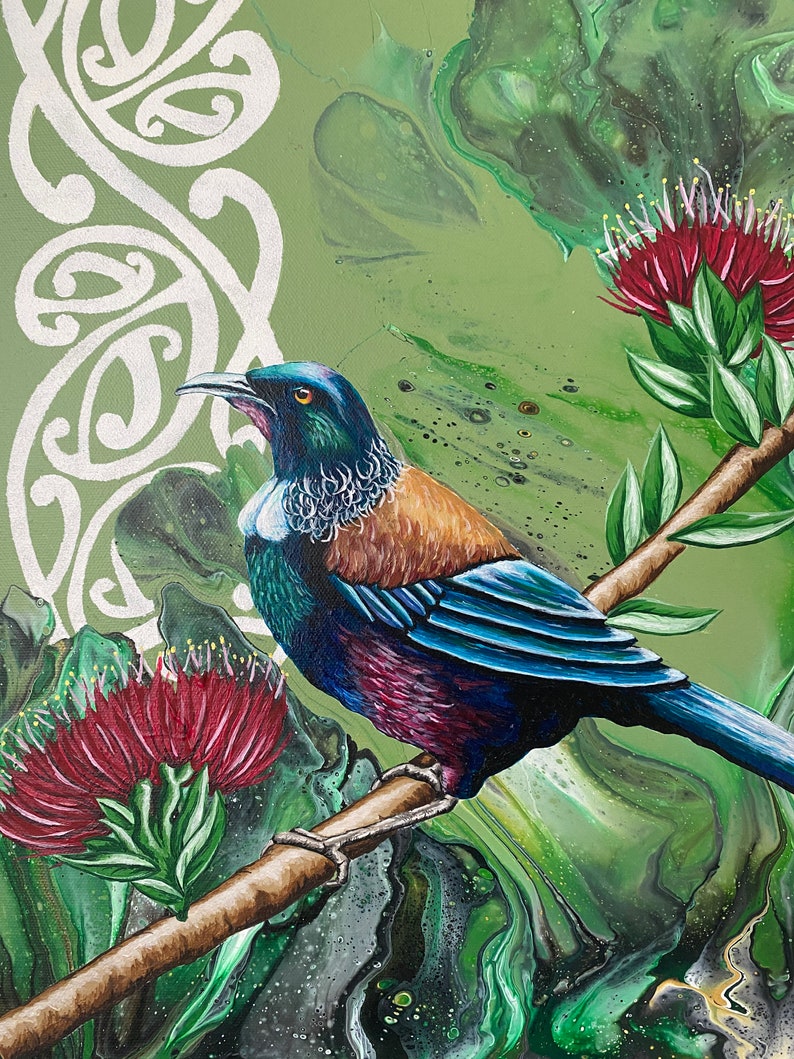 Von Neuseeland inspiriertes Acrylgussgemälde: Lieder des Pohutukawa-Baums Bild 2