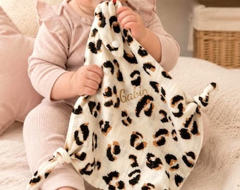 Lange bébé à personnaliser gaze coton, lange léopard attache tétine, lange doudou bébé personnalisable, tissus au choix fait main