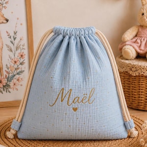 Children's bag in cotton gauze with gold polka dots, customizable with the child's name; a unique baby gift, nursery gift, or preschool gift.