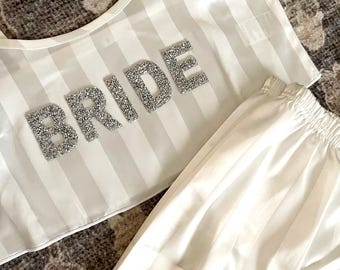 Bride Satin Pajama Set Rhinestone Crop Tank Matching PJ Set for Wedding Day Wifey Engagement Party Future Mrs Outfit for Honeymoon Vacation