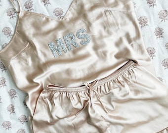 Silky Satin Bridal Pajama Set Rhinestone Bride Mrs Tank & Ruffle Shorts PJ Set for Bridal Shower Custom Bridal PJ Set for Getting Ready Gift