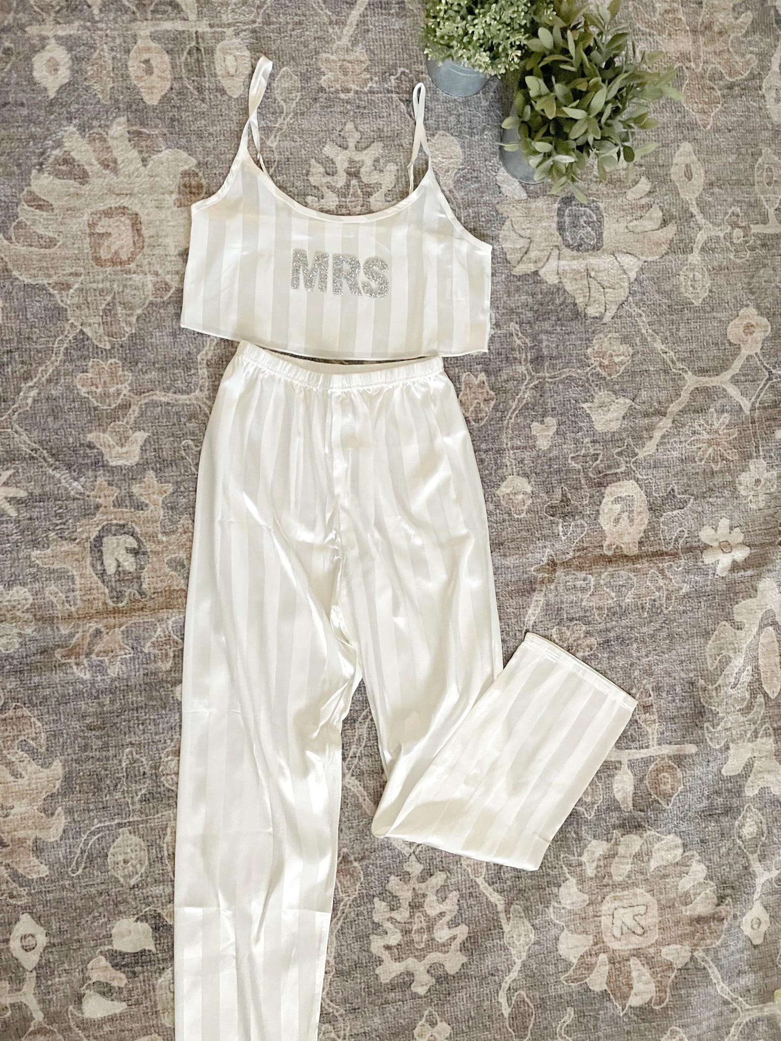 Bridal Satin Pajama Set for Bride Rhinestone Mrs Honeymoon Gift Future Mrs PJ Bachelorette Party Gift Pajama For Wedding Party Bridal PJs - Small, Mrs + 1 Letter