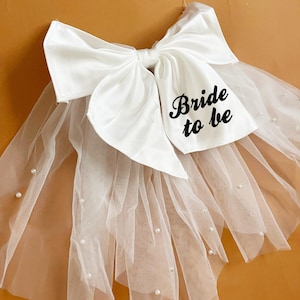 Wedding Veil Satin Bow with Tulle Faux Pearl for Bride to Be Hair Accessory Bridal Hair Pearl Wedding Hair Piece with Clip for Bachelorette