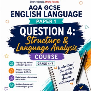 Könnte beinhalten: Ein Bildungsflyer für einen AQA GCSE English Language Paper 1 Question 4 Kurs. Der Text enthält 'Focus Tuition', 'Structure & Language Analysis' und 'Understand the writer's methods. Answer with impact.' Ein schwarzer Stift liegt auf einem Notizblock.