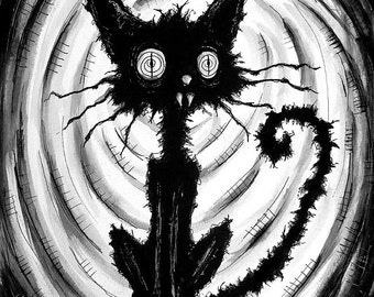 Black Cat 5 - Watercolor Ink Cats Animal Spooky Halloween Cute Creepy Pets Gothic Fantasy Stray Dogs Dark Art Horror