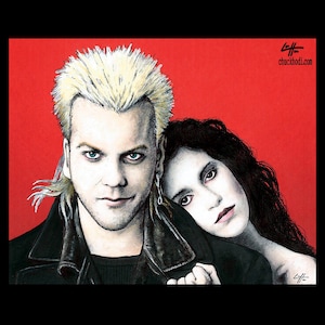 May include: A black and white illustration of a man and woman. The man has blonde hair and is wearing a black leather jacket. The woman has long dark hair and is wearing a white shirt. The background is red.