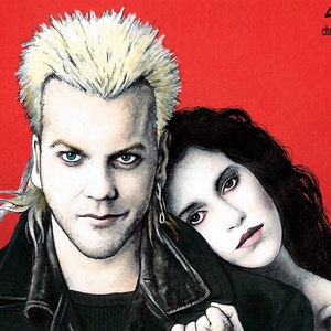 May include: A black and white illustration of a man and a woman. The man has blonde hair and is wearing a black leather jacket. The woman has long dark hair and is wearing a black top. The background is red.