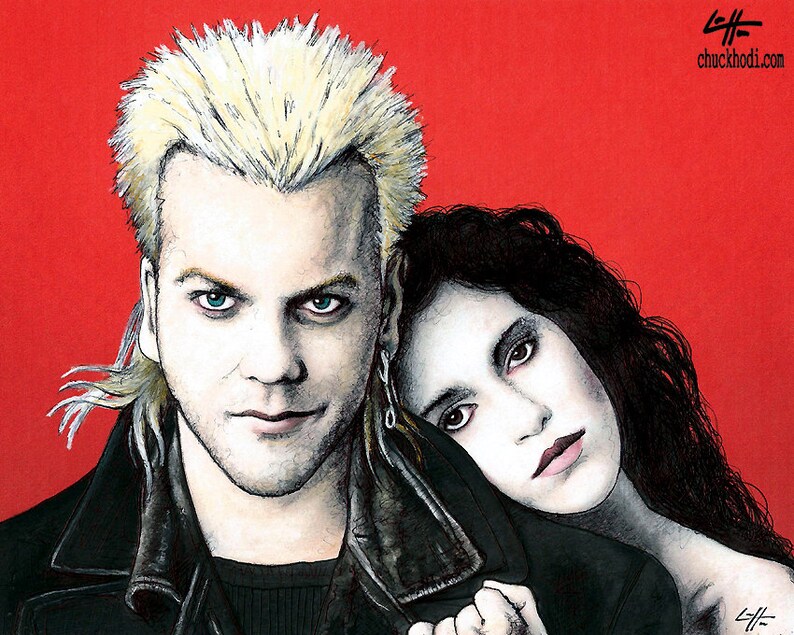May include: A black and white illustration of a man and a woman. The man has blonde hair and is wearing a black leather jacket. The woman has long dark hair and is wearing a black top. The background is red.