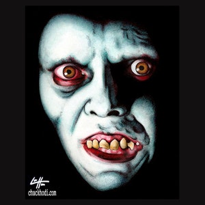 May include: A close-up of a pale, blue-toned face with a sinister expression. The face has dark, shadowed eyes with red-rimmed lids and yellow pupils. The mouth is open, revealing yellow teeth and a red tongue.