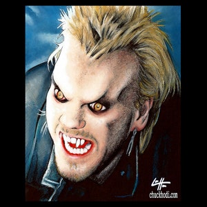 May include: A close-up portrait of a vampire with sharp teeth and yellow eyes. The vampire has spiky blonde hair and is wearing a black leather jacket.