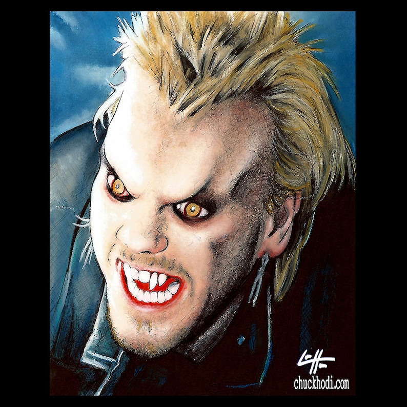 May include: A close-up portrait of a vampire with sharp teeth and yellow eyes. The vampire has spiky blonde hair and is wearing a black leather jacket.
