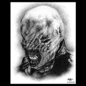 May include: A black and white charcoal drawing of a humanoid figure with a heavily textured, scarred face and exposed teeth. The figure has wires or staples pulling back the skin around the mouth and jaw. The artist signature chuckhodi is visible.