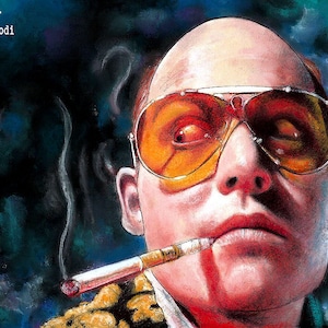 May include: A close-up portrait of a man with a shaved head wearing orange-tinted sunglasses and a cigarette hanging from his mouth. The background is a dark blue and green watercolor wash.