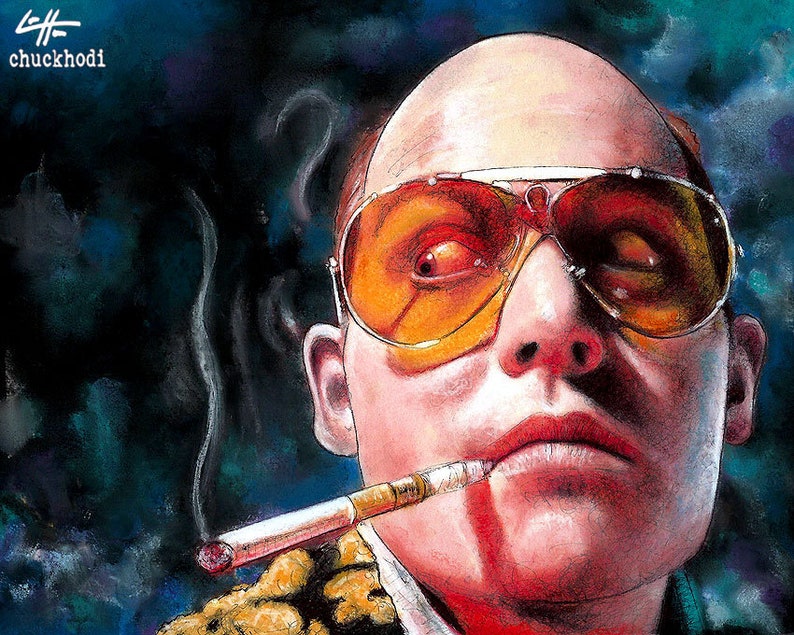 May include: A close-up portrait of a man with a shaved head wearing orange-tinted sunglasses and a cigarette hanging from his mouth. The background is a dark blue and green watercolor wash.