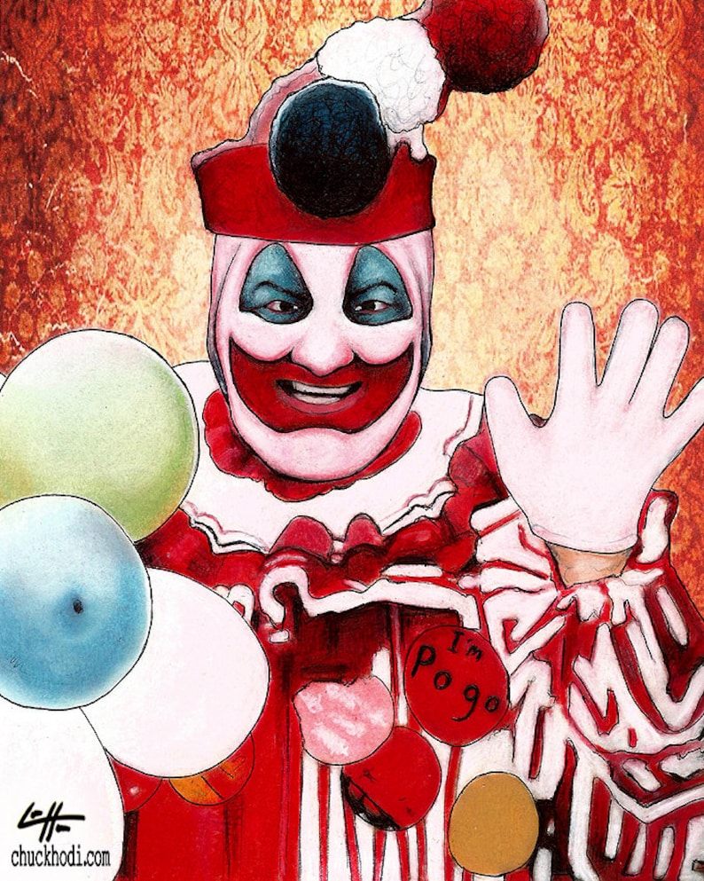 John Wayne Gacy Clown Pogo Serial Killers Dark Art Pop Art Horror Balloons True Crime Blood Charles Manson Death Murder Red image 2