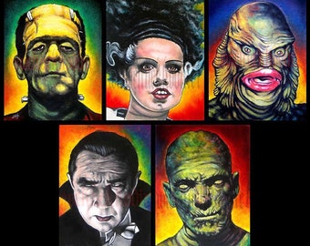 Monsters - Horror Dark Art Frankenstein Dracula Mummy Spooky Halloween Lowbrow Classic Gothic Univeral Monsters Lowbrow Art Creature Pop Art