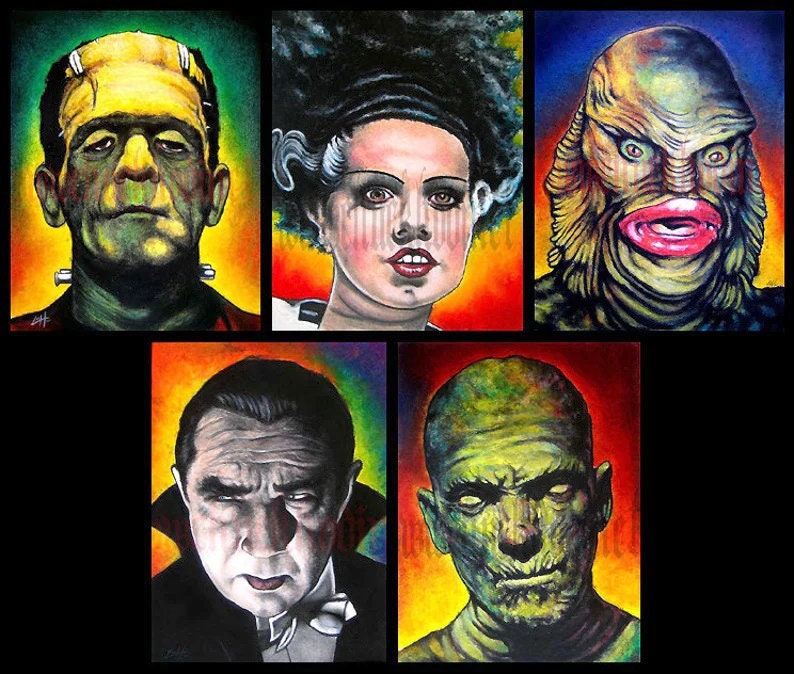 Monsters Horror Dark Art Frankenstein Dracula Mummy Spooky Halloween Lowbrow Classic Gothic Univeral Monsters Lowbrow Art Creature Pop Art image 1