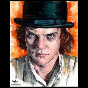May include: A portrait of a person with intense blue eyes, wearing a black bowler hat. The artwork features a vibrant orange background and the artist's signature in the lower left corner. The person has reddish-brown hair and is wearing a white shirt.