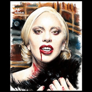 May include: A woman with blonde hair and red lipstick is depicted in a drawing. She has blood dripping from her mouth and neck. She is wearing a black fur collar and has a serious expression on her face.