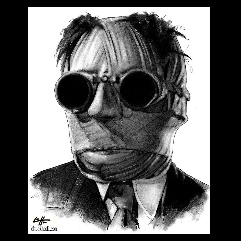 May include: A black and white pencil drawing of a man wearing a mask and goggles. The man is wearing a suit and tie. The drawing is signed "chuckhodi.com".
