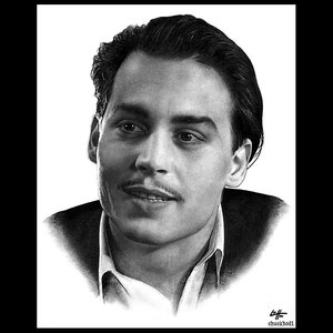 May include: Black and white pencil drawing of a man with short, dark hair. He is wearing a suit jacket and a white shirt. The drawing is signed "chuckhodi" in the bottom right corner.