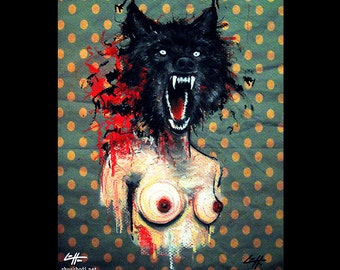 Lobo - Animal Arte oscuro Lowbrow Pop Perro Coyote Sangre Senos Tetas Sexo Horror Gato Halloween Lindo Gótico Lunares Bestia Cabello Horror Criatura