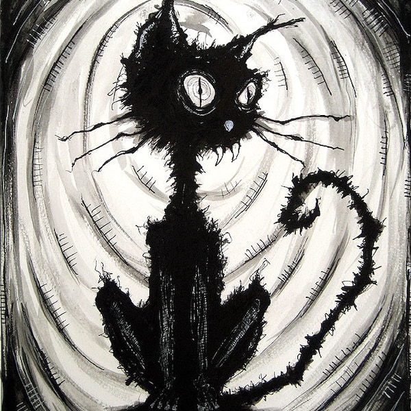 Schwarze Katze 4 - Aquarell Tinte Katzen Tier Spooky Halloween Cute Creepy Gothic Gothic Fantasy Stray Dogs Dark Art Horror