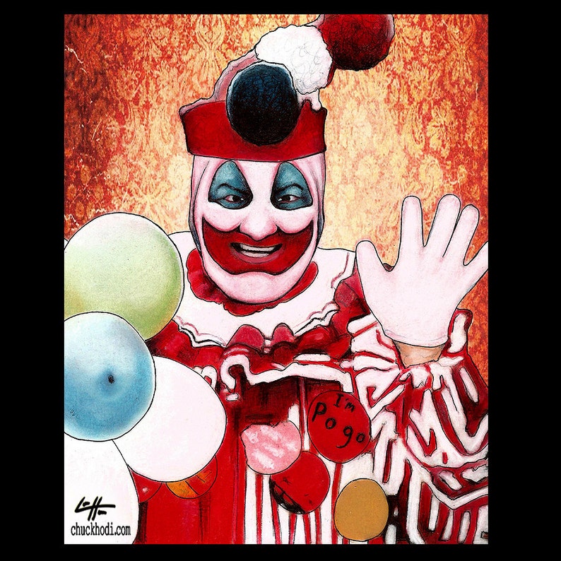 John Wayne Gacy Clown Pogo Serial Killers Dark Art Pop Art Horror Balloons True Crime Blood Charles Manson Death Murder Red image 1