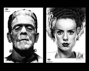 The Monster and Bride - Frankenstein Dark Art Horror Halloween Classic Monsters Gothic Dracula Macabre Lowbrow Spooky