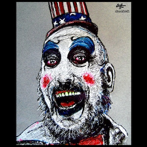 May include: A black and white drawing of a man with a white beard and a red, white, and blue hat. He is wearing blue and red makeup and has a wide, toothy grin. The drawing is done in a sketchy style.