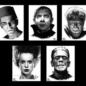 Monsters - Classic Universal Horror Dark Art Frankenstein Dracula Mummy Wolfman Vintage Spooky Halloween Lowbrow Pop Bride