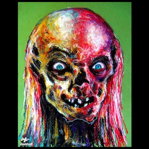 May include: A colorful, abstract painting of a face with bright blue eyes and a wide, open mouth. The face is painted in a style reminiscent of horror movies, with a grotesque and exaggerated appearance.