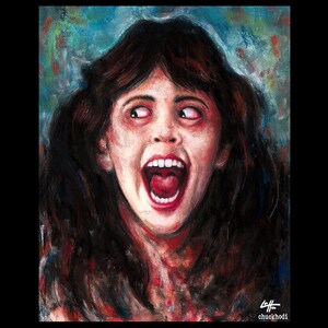 May include: A pastel drawing of a woman with dark hair, her mouth open in a scream. Her eyes are wide and her expression is one of terror. The background is a blur of colors, suggesting a chaotic or unsettling environment.