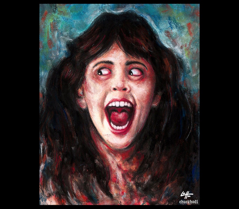 May include: A pastel drawing of a woman with dark hair, her mouth open in a scream. Her eyes are wide and her expression is one of terror. The background is a blur of colors, suggesting a chaotic or unsettling environment.