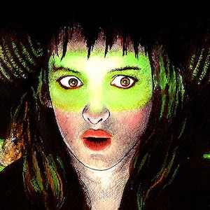 Peut inclure: Portrait rapproché d'une femme avec un maquillage vert et un chapeau noir. Ses yeux sont grands ouverts et elle a une expression surprise sur son visage.