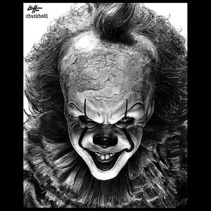 May include: Black and white pencil drawing of Pennywise the Dancing Clown from the movie "IT". The clown has a menacing expression with a wide smile and sharp teeth.