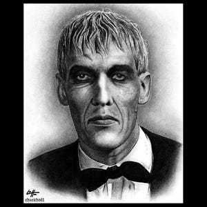 May include: A monochrome pencil portrait of a man in formal attire, featuring a bow tie. The man has a serious expression, dark eyes, and neatly styled hair. The artist's signature and website are visible.