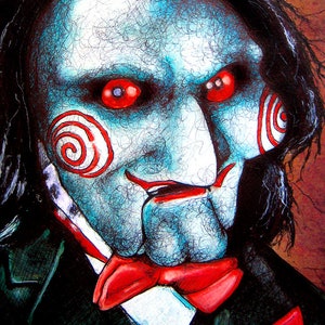 May include: A close-up of a fictional character with a blue face, red eyes, and a red and white spiral pattern on his cheek. He is wearing a black suit with a red bow tie.