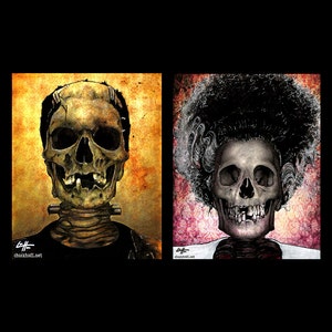 The Monster and Bride - Frankenstein Dark Art Skull Skeleton Horror Halloween Classic Monsters Gothic Dracula Macabre Zombie