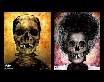 El monstruo y la novia - Frankenstein Arte oscuro Calavera Esqueleto Terror Halloween Monstruos clásicos Gótico Drácula Macabro Zombi