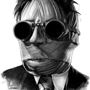 May include: A black and white pencil drawing of a man wearing a suit and a mask over his face. He is wearing goggles and has a serious expression.