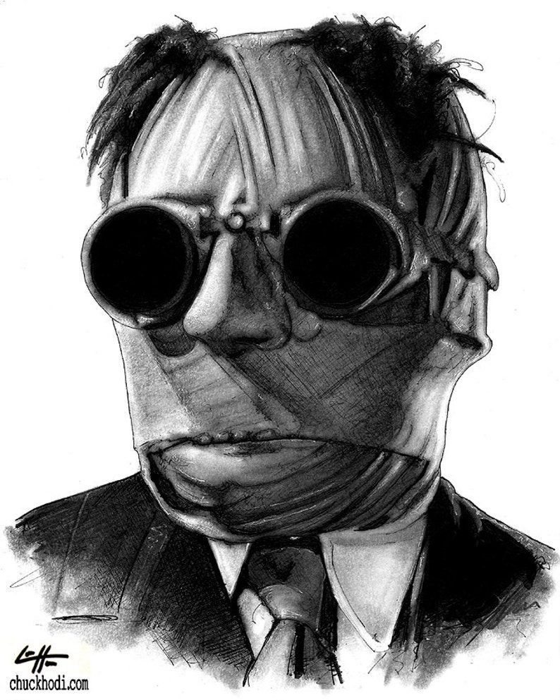 May include: A black and white pencil drawing of a man wearing a suit and a mask over his face. He is wearing goggles and has a serious expression.