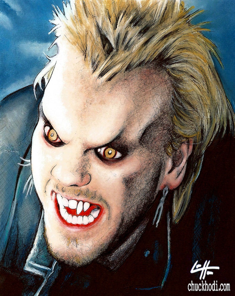 May include: A close-up illustration of a vampire with sharp teeth, yellow eyes, and spiky blond hair. The vampire is wearing a black leather jacket.