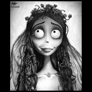 May include: A black and white pencil drawing of a character with large, expressive eyes and long, flowing hair. The character wears a floral crown and has a slightly sad expression. The artwork is signed "chuckhodi" in the upper left corner.