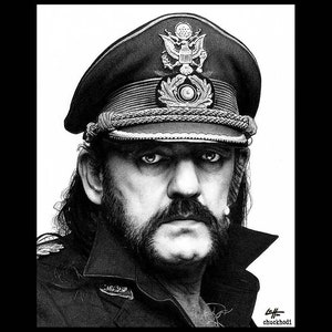 May include: Black and white drawing of a man with long hair and a beard wearing a military-style hat with an eagle insignia. The hat has a gold band and a black brim. The man is looking directly at the viewer.