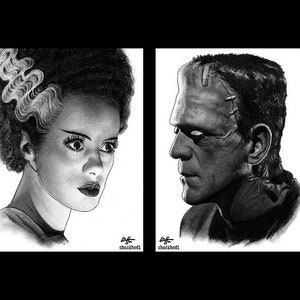 The Monster and Bride - Frankenstein Dark Art Horror Halloween Classic Monsters Gothic Dracula Macabre Universal Monsters Spooky Sci Fi
