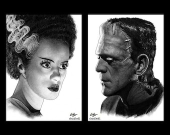 El monstruo y la novia - Frankenstein Arte oscuro Terror Halloween Monstruos clásicos Gótico Drácula Macabro Monstruos de Universal Espeluznante Ciencia ficción
