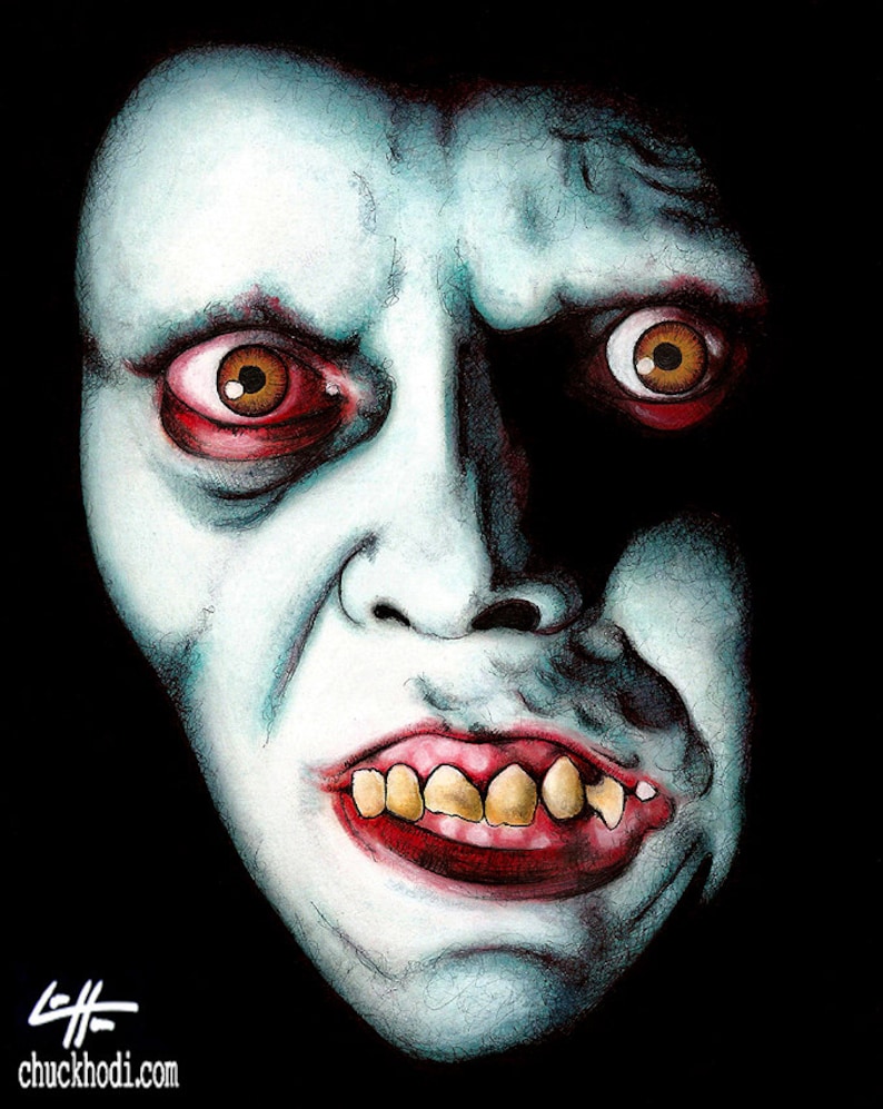 May include: A close-up of a pale, ghostly face with wide, dark eyes and a sinister smile. The face is painted in a realistic style with details like wrinkles and teeth.