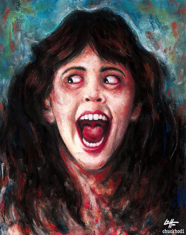 May include: A close-up portrait of a woman with long dark hair, her mouth open in a scream. Her eyes are wide and her expression is one of terror. The background is a blurry blue and green.