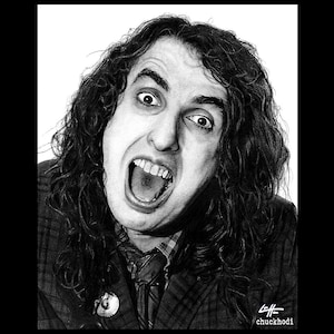 May include: Black and white pencil drawing of a man with long, curly hair, wearing a plaid shirt and a tie. He is making a funny face with his mouth open and tongue sticking out.